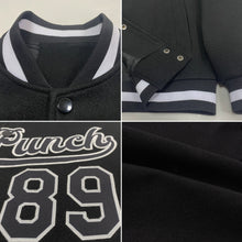 Load image into Gallery viewer, Custom Black Black-White Bomber Full-Snap Varsity Letterman Jacket