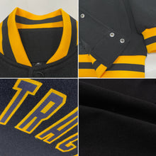 Laden Sie das Bild in den Galerie-Viewer, Custom Black Black-Gold Bomber Full-Snap Varsity Letterman Jacket