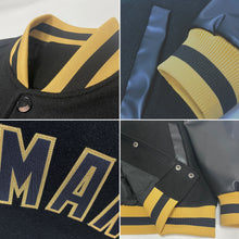 Laden Sie das Bild in den Galerie-Viewer, Custom Black Black-Old Gold Bomber Full-Snap Varsity Letterman Jacket