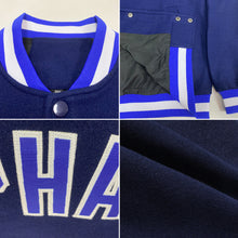 Загрузить изображение в средство просмотра галереи, Custom Navy Royal-White Bomber Full-Snap Varsity Letterman Jacket