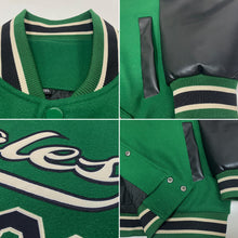 Charger l'image dans la galerie, Custom Kelly Green Black-Cream Bomber Full-Snap Varsity Letterman Two Tone Jacket