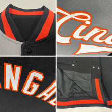Загрузить изображение в средство просмотра галереи, Custom Black Orange-Gray Bomber Full-Snap Varsity Letterman Split Fashion Jacket