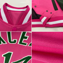 Charger l'image dans la galerie, Custom Pink Green-White Bomber Full-Snap Varsity Letterman Two Tone Jacket