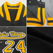 Charger l'image dans la galerie, Custom Black Gold-Gray Bomber Full-Snap Varsity Letterman Two Tone Jacket