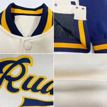 Load image into Gallery viewer, Custom Cream Navy-Gold Bomber Full-Snap Varsity Letterman Two Tone Jacket