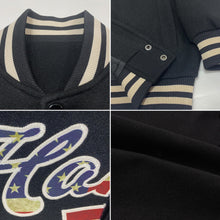 Laden Sie das Bild in den Galerie-Viewer, Custom Black Vintage USA Flag-Cream Bomber Full-Snap Varsity Letterman Jacket