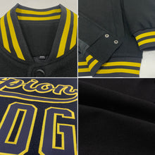 Загрузить изображение в средство просмотра галереи, Custom Black Old Gold Bomber Full-Snap Varsity Letterman Jacket