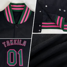 Загрузить изображение в средство просмотра галереи, Custom Black Pink-Aqua Bomber Full-Snap Varsity Letterman Jacket