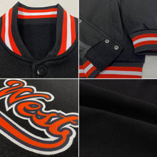 Загрузить изображение в средство просмотра галереи, Custom Black Orange-White Bomber Full-Snap Varsity Letterman Jacket