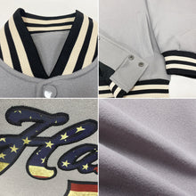 Загрузить изображение в средство просмотра галереи, Custom Gray Vintage USA Flag Black-Cream Bomber Full-Snap Varsity Letterman Jacket