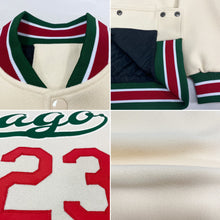 Load image into Gallery viewer, Custom Cream Kelly Green-Red Bomber Full-Snap Varsity Letterman Jacket