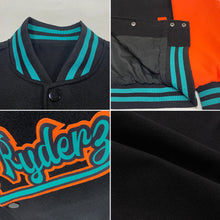 Charger l'image dans la galerie, Custom Black Orange-Teal Bomber Full-Snap Varsity Letterman Two Tone Jacket