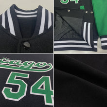 Charger l'image dans la galerie, Custom Black Kelly Green-White Bomber Full-Snap Varsity Letterman Two Tone Jacket