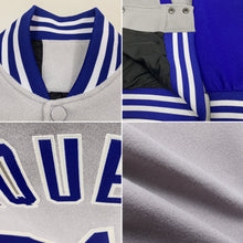 Загрузить изображение в средство просмотра галереи, Custom Gray Royal-White Bomber Full-Snap Varsity Letterman Two Tone Jacket