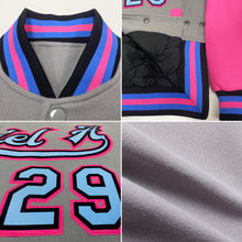 Laden Sie das Bild in den Galerie-Viewer, Custom Gray Light Blue Black-Pink Bomber Full-Snap Varsity Letterman Two Tone Jacket