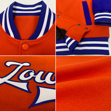 Laden Sie das Bild in den Galerie-Viewer, Custom Orange White-Royal Bomber Full-Snap Varsity Letterman Two Tone Jacket
