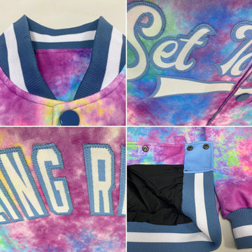 Custom Tie Dye White-Light Blue Rainbow 3D Bomber Full-Snap Varsity Letterman Jacket