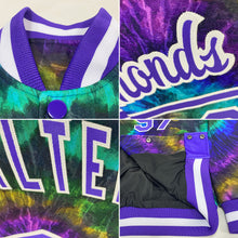 Charger l'image dans la galerie, Custom Tie Dye Purple-White Rainbow 3D Bomber Full-Snap Varsity Letterman Jacket
