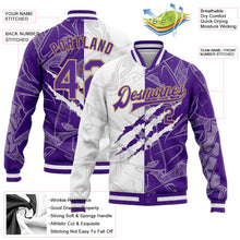 Загрузить изображение в средство просмотра галереи, Custom Graffiti Pattern Purple-Old Gold Scratch 3D Bomber Full-Snap Varsity Letterman Jacket