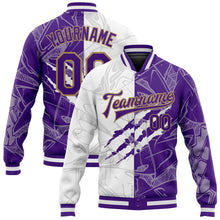 Загрузить изображение в средство просмотра галереи, Custom Graffiti Pattern Purple-Old Gold Scratch 3D Bomber Full-Snap Varsity Letterman Jacket