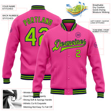 Load image into Gallery viewer, Custom Pink Neon Green-Navy Bomber Full-Snap Varsity Letterman Jacket
