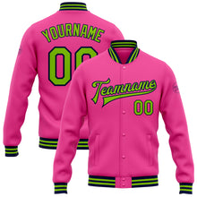 Load image into Gallery viewer, Custom Pink Neon Green-Navy Bomber Full-Snap Varsity Letterman Jacket
