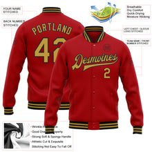 Load image into Gallery viewer, Custom Red Old Gold-Black Bomber Full-Snap Varsity Letterman Jacket