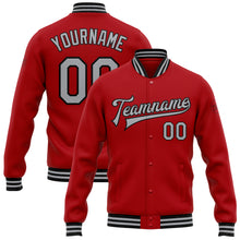 Load image into Gallery viewer, Custom Red Gray-Black Bomber Full-Snap Varsity Letterman Jacket