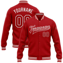 Загрузить изображение в средство просмотра галереи, Custom Red White Bomber Full-Snap Varsity Letterman Jacket