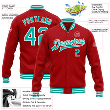 Load image into Gallery viewer, Custom Red Aqua-White Bomber Full-Snap Varsity Letterman Jacket