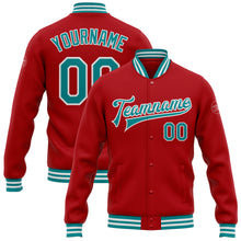 Load image into Gallery viewer, Custom Red Teal-White Bomber Full-Snap Varsity Letterman Jacket