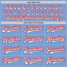 Load image into Gallery viewer, Custom Light Blue White-Red Bomber Full-Snap Varsity Letterman Jacket