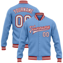 Load image into Gallery viewer, Custom Light Blue White-Red Bomber Full-Snap Varsity Letterman Jacket