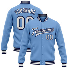 Load image into Gallery viewer, Custom Light Blue White-Navy Bomber Full-Snap Varsity Letterman Jacket