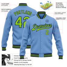 Load image into Gallery viewer, Custom Light Blue Neon Green-Navy Bomber Full-Snap Varsity Letterman Jacket