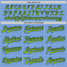 Load image into Gallery viewer, Custom Light Blue Neon Green-Navy Bomber Full-Snap Varsity Letterman Jacket