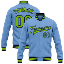 Load image into Gallery viewer, Custom Light Blue Neon Green-Navy Bomber Full-Snap Varsity Letterman Jacket