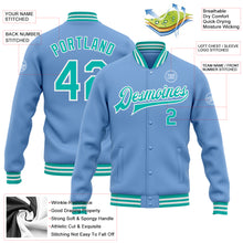 Load image into Gallery viewer, Custom Light Blue Aqua-White Bomber Full-Snap Varsity Letterman Jacket