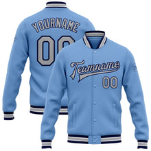 Load image into Gallery viewer, Custom Light Blue Gray-Navy Bomber Full-Snap Varsity Letterman Jacket