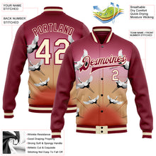 Laden Sie das Bild in den Galerie-Viewer, Custom Maroon Cream Heron 3D Pattern Design Bomber Full-Snap Varsity Letterman Jacket