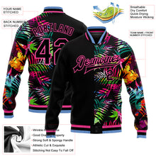 Загрузить изображение в средство просмотра галереи, Custom Black Pink-Light Blue Hawaii Palm Trees 3D Bomber Full-Snap Varsity Letterman Jacket