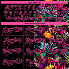 Загрузить изображение в средство просмотра галереи, Custom Black Pink-Light Blue Hawaii Palm Trees 3D Bomber Full-Snap Varsity Letterman Jacket