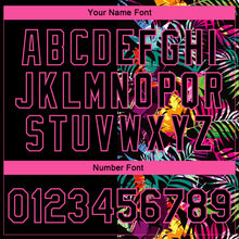 Загрузить изображение в средство просмотра галереи, Custom Black Pink-Light Blue Hawaii Palm Trees 3D Bomber Full-Snap Varsity Letterman Jacket