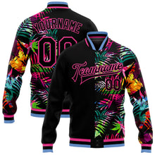 Загрузить изображение в средство просмотра галереи, Custom Black Pink-Light Blue Hawaii Palm Trees 3D Bomber Full-Snap Varsity Letterman Jacket