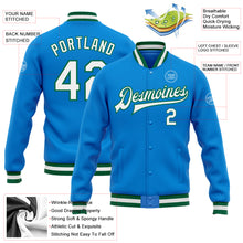 Load image into Gallery viewer, Custom Powder Blue White-Kelly Green Bomber Full-Snap Varsity Letterman Jacket