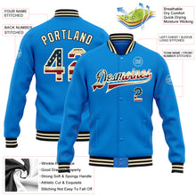 Laden Sie das Bild in den Galerie-Viewer, Custom Powder Blue Vintage USA Flag Cream-Black Bomber Full-Snap Varsity Letterman Jacket