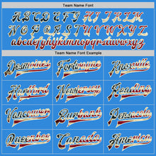 Laden Sie das Bild in den Galerie-Viewer, Custom Powder Blue Vintage USA Flag Cream-Black Bomber Full-Snap Varsity Letterman Jacket