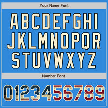 Laden Sie das Bild in den Galerie-Viewer, Custom Powder Blue Vintage USA Flag Cream-Black Bomber Full-Snap Varsity Letterman Jacket