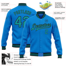 Load image into Gallery viewer, Custom Powder Blue Teal-Black Bomber Full-Snap Varsity Letterman Jacket