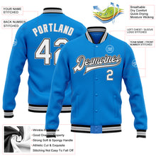 Load image into Gallery viewer, Custom Powder Blue White Black-Gray Bomber Full-Snap Varsity Letterman Jacket